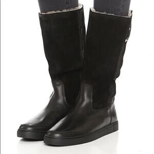 Frye Gemma Tall Shearling Boots Black Suede Leather Winter Flat Round Toe Size 6